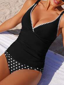 Swim Lushoire 女士印花可调节肩带吊带背心式上衣和波点印花吊带背心式下装泳衣套装 - 黑色 - 查看 1
