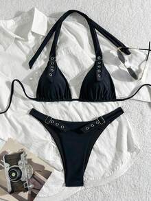 Swim SXY Bộ bikini hai mảnh màu đen gợi cảm kiểu yếm cổ, đồ bơi nữ, mùa xuân/hè. - màu đen - Xem 2
