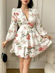 Celisse Women's Spring/Summer Sexy Vacation Floral Print Deep V-Neck Lantern Sleeve Waist Cinched Multi-Tier Hem Dress - Multicolor - View 4