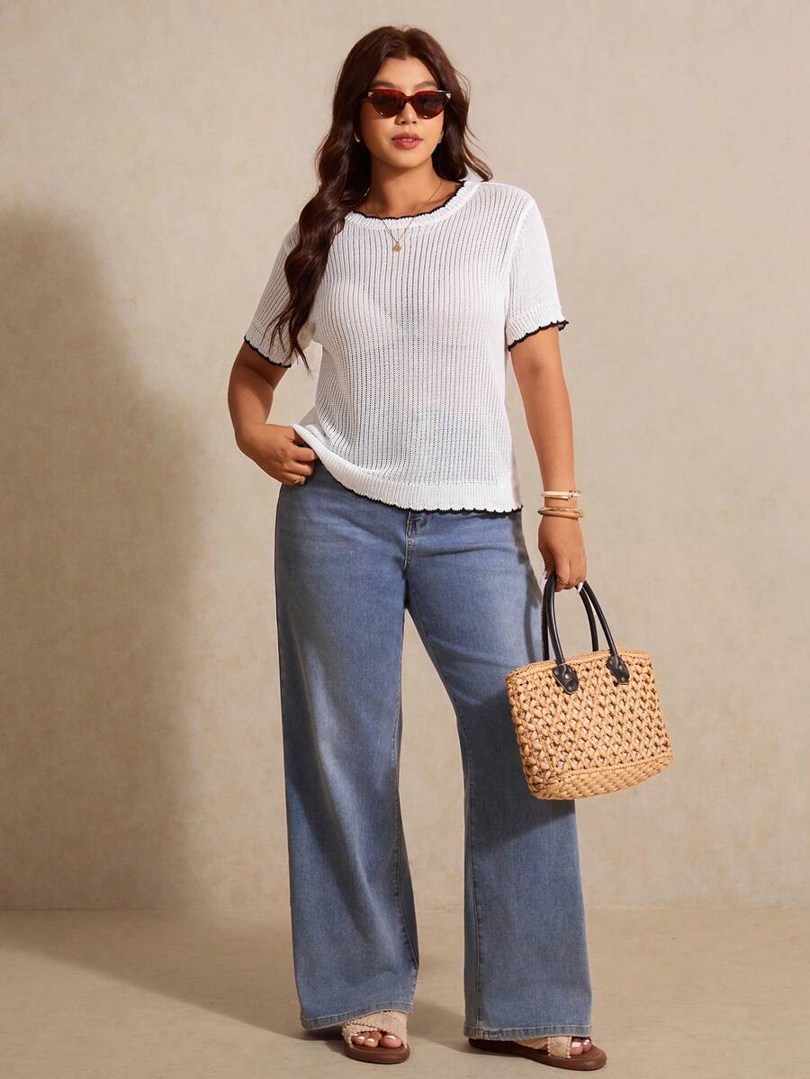 Elaquor Suéter de cuello redondo con lazo y jacquard, elegante y casual, talla grande - Blanco - Ver 1