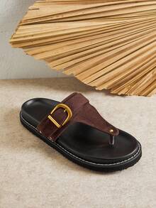 SHUZIA Women's Fashion Casual Comfy Adjustable Buckled Thone Flat Sandals - Chocolate Brown - View 4