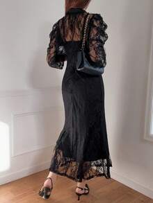 FRIFUL 女士深灰色薄纱蕾丝系带腰身两件套，商务休闲假日装扮 - 黑色 - 查看 2