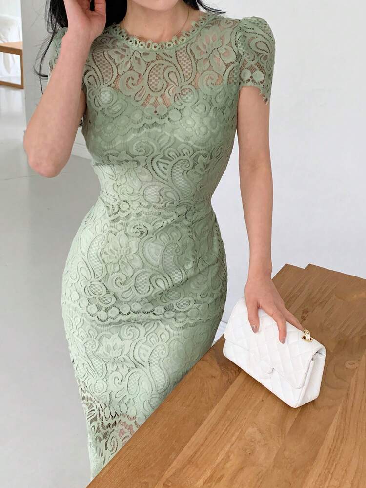 Women's Waist Cinching Bodycon Lace Puff Sleeve Midi Dress Summer Sundress