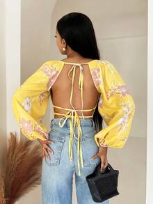 Mistrie 女士新款单肩吊带长袖两件式蕾丝镂空露背沙滩衬衫 - 黃色 - 查看 2