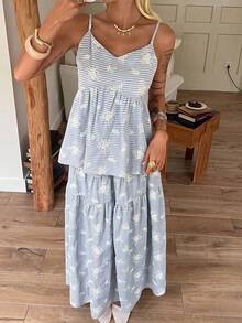 DAZY 2pcs Women Textured Jacquard Striped Loose Camisole & Maxi Skirt Casual Summer Vacation Set Boho - Blue - View 6