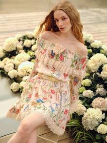 MOTF PREMIUM WOMEN'S OFF THE SHOULDER FLORAL LACE RUFFLE HEM WAIST CINCHED ROMANTIC SHORT DRESS, SPRING/SUMMER - Pink - View 4