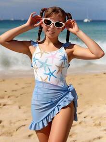 SHEIN Tween Girls Cute Bow Print Shoulder Strap Ruffle Trim One-Piece Swimsuit, Suitable For Swimming, Vacation, Beach In Summer - Blue - View 1
