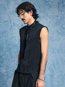 ROMWE MEN Áo sơ mi nam không tay, màu trơn, cài một hàng khuy, kiểu dáng casual, thiết kế hình que tăm. - màu đen - Xem 5