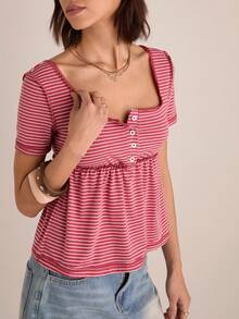 Easelle 女士红白条纹针织露脐上衣 - 紅白色 - 查看 7