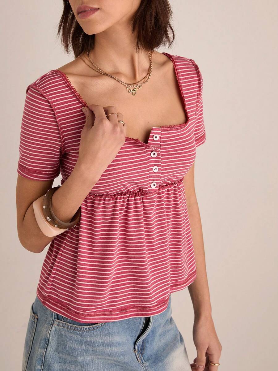 Easelle Top corto de punto a rayas rojas y blancas para mujer - Rojo y blanco - Ver 1