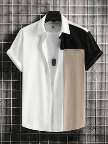 Manfinity CasualCool 男士撞色短袖纽扣前开襟休闲透气衬衫 - 彩色 - 查看 1