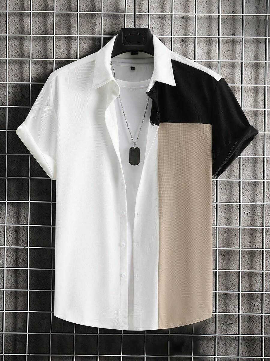Manfinity CasualCool 男士撞色短袖纽扣前开襟休闲透气衬衫 - 彩色 - 查看 1