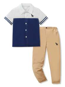 SHEIN 2pcs Tween Boy Dinosaur Print Patchwork Short Sleeve Shirt+Solid Pants Set,Blue And White,Summer,Casual,Matching,Business,Family Vacation,Holiday - Multicolor - View 3