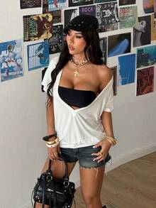 StreetHx Solid Plunging Neck Tee Without Tube Top - White - View 3