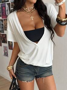 StreetHx Solid Plunging Neck Tee Without Tube Top - White - View 1