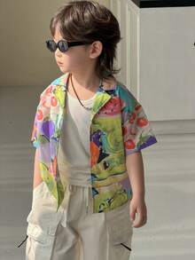 DAZY Young Boys' Drop Shoulder Short Sleeve Front Button Fashionable Printed Casual Shirt - Multicolor - View 2