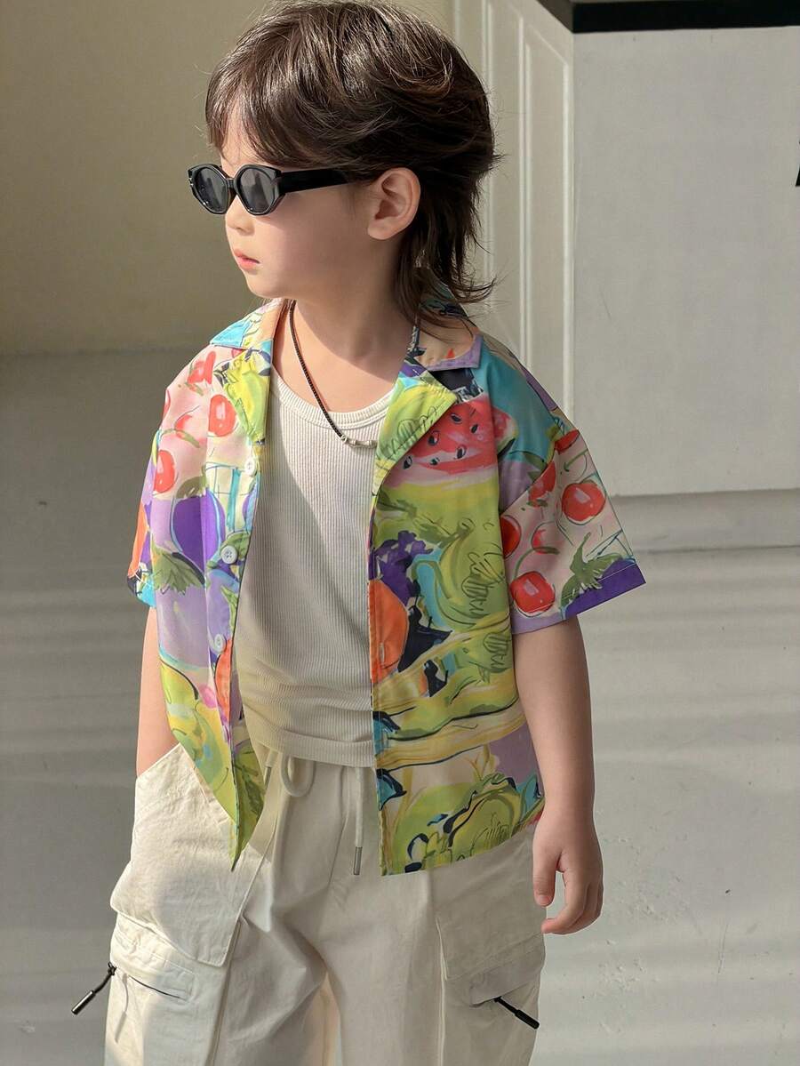 DAZY 男童落肩短袖前开襟时尚印花休闲衬衫 - 彩色 - 查看 1