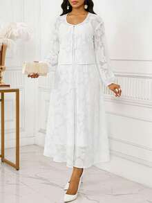 SHEIN Lady 两件套女士简约纯色系带长袖上衣和裙子套装 - 白色 - 查看 4