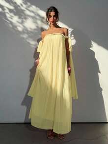 Aloruh 女士波西米亚风露肩飘逸雪纺褶皱绳结蝴蝶结A字宽松粉色女神长裙，适合春夏度假穿着 - 淡黃色 - 查看 2