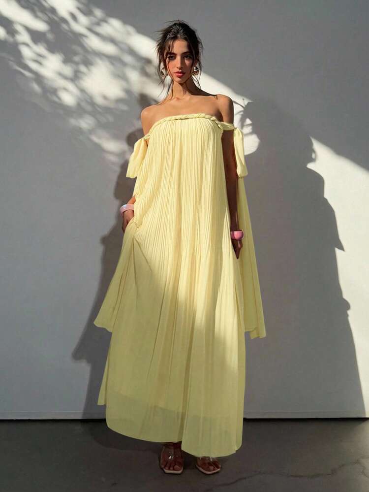 Aloruh 女士波西米亚风露肩飘逸雪纺褶皱绳结蝴蝶结A字宽松粉色女神长裙，适合春夏度假穿着 - 淡黃色 - 查看 2