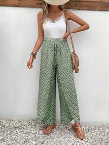 SHEIN Frenchy Quần ống rộng dáng suông, cạp chun, vạt chéo, họa tiết in toàn thân, thắt nút. - màu xanh lá - Xem 3