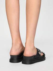 ROMWE Grunge Punk Women's Summer New Fashion Punk Rock Style Rivet Studded Casual Sandals With Thick Soles & Metal Buckle, Black Beach Ladies Sandals, High Heeled Holiday Woman Sandals - Black - View 5