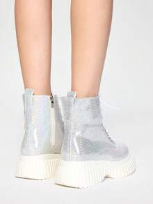 ROMWE Grunge Punk 欧美简约时尚粗跟中跟短靴，秋冬亮粉机车靴，女靴 - 銀色 - 查看 5