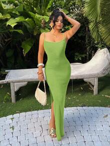 SHEIN SXY Đầm hai dây xẻ cao màu trơn, kiểu dáng thường ngày cho kỳ nghỉ hè. - màu xanh lá - Xem 6