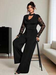 Cravure بدلة نسائية أنيقة بأكمام طويلة مصنوعة من الدانتيل والتريكو باللون الأسود، مع ياقة متدلية وظهر مفتوح للمقاسات الكبيرة - الأسود - مشاهدة 1