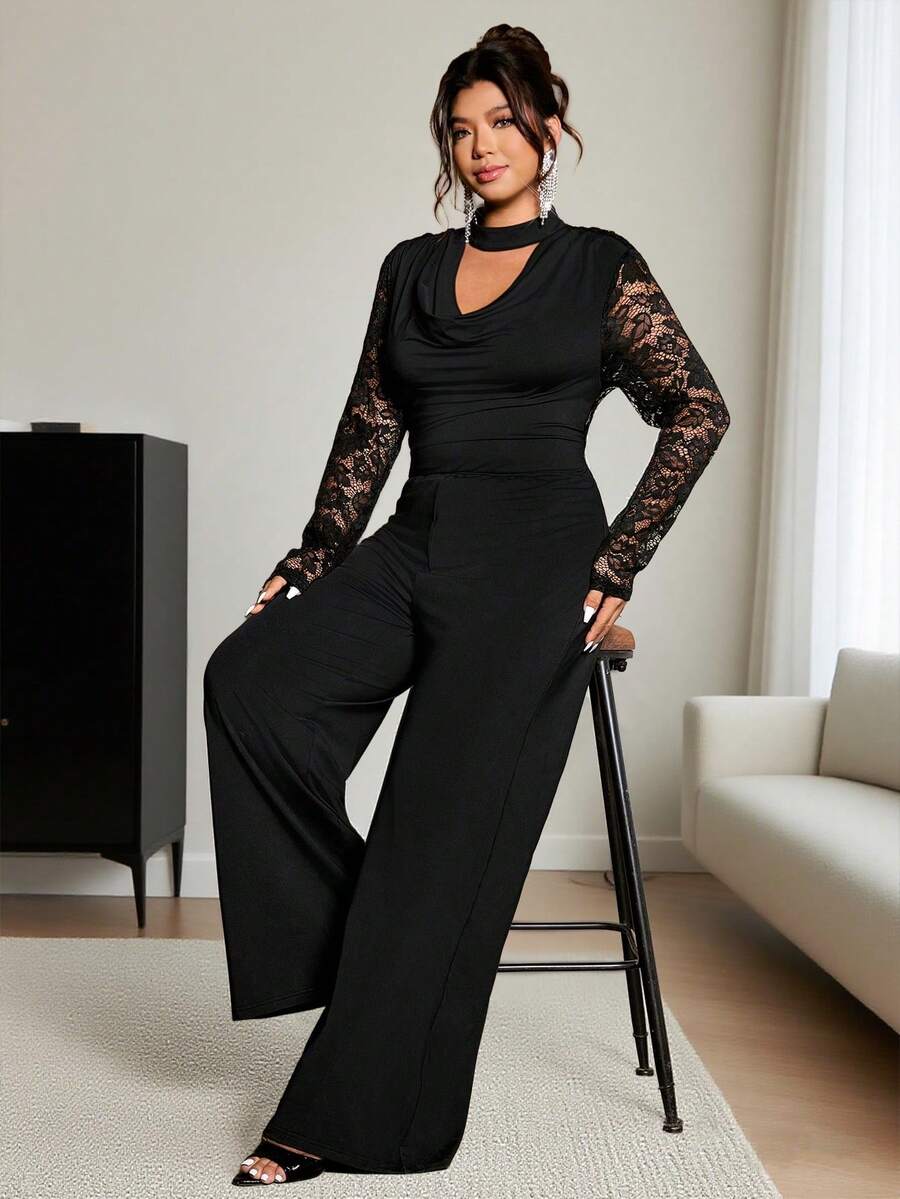 Cravure بدلة نسائية أنيقة بأكمام طويلة مصنوعة من الدانتيل والتريكو باللون الأسود، مع ياقة متدلية وظهر مفتوح للمقاسات الكبيرة - الأسود - مشاهدة 1