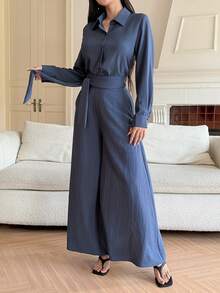 DAZY 2pcs/Set Women Casual Collared Tie-Waist Top And Pants Commuter Outfit - Blue - View 4