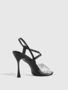 CUCCOO SZL 女士春夏尖头细高跟黑色透明水钻性感时尚华丽后踝带裙摆宴会派对夜店女士高跟凉鞋露趾凉鞋 - 黑色 - 查看 3