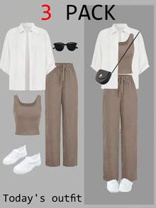 SHEIN 少女三件套套装，包括衬衫、西装外套和阔腿裤，2024年秋季时尚装扮 - 咖啡棕 - 查看 3