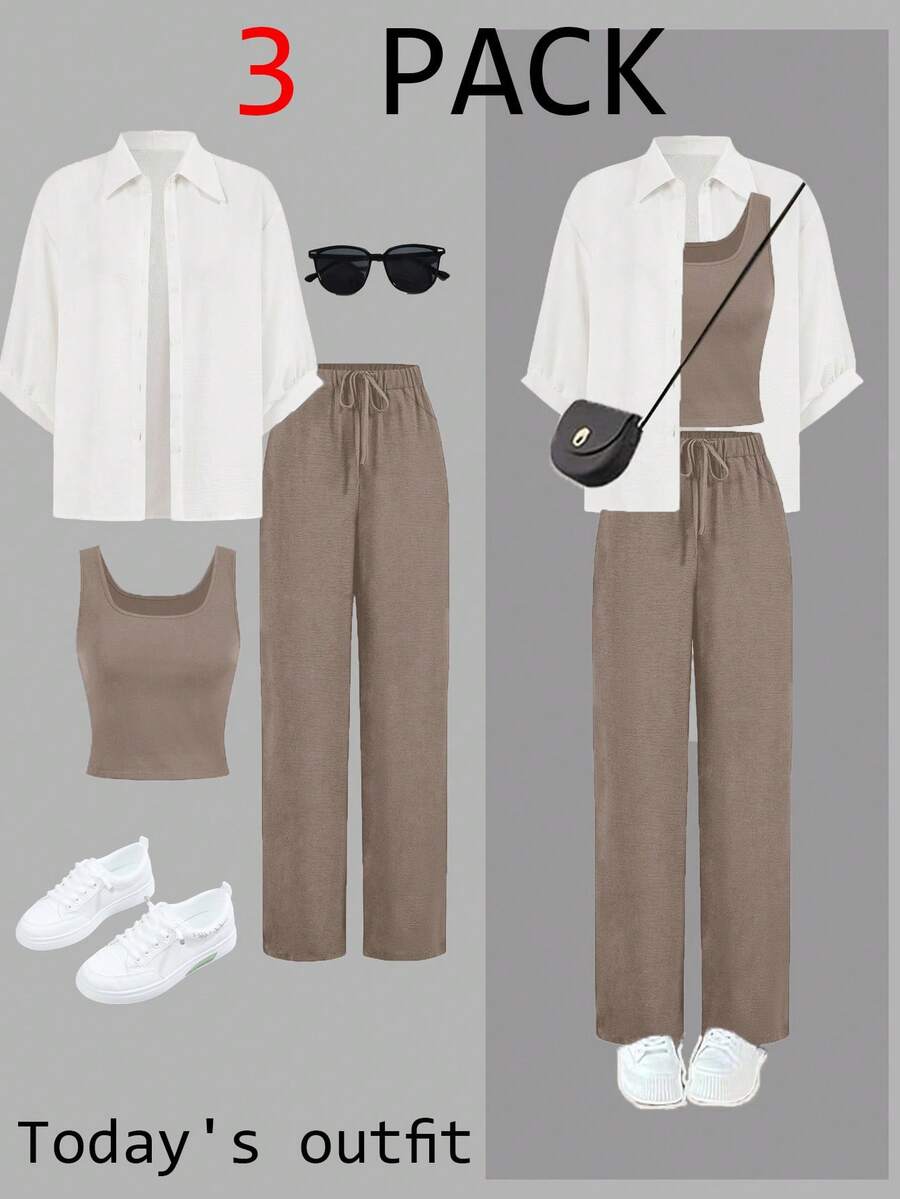SHEIN Teen Girls 3 PiecesCo-Ord Set, Includes Blouse, Blazer And Wide Leg Pants, Stylish Outfit For Autumn 2024 - Coffee Brown - View 1