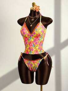 Zestiva Women's Summer Vacation Casual Beach Wear Tropical Floral Print Strapless Bandeau Tie Back Camisole Strap Bikini Lace Trim Two Pieces Swimsuit Set - Multicolor - View 4