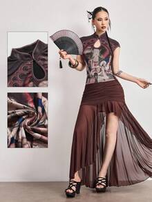 ROMWE Avant Spring/SummergraphicVintage Neo-Chinese Style Mesh Print Mandarin Collar Top - Multicolor - View 1
