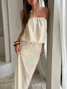 Aloruh 女士优雅收腰纯色亚麻质感无肩带沙滩度假连衣裙 - 卡其色 - 查看 7