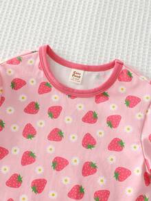 Cozy Pixies 2件套女婴草莓图案针织柔软圆领短袖上衣和松紧腰裤套装 - 粉色 - 查看 3