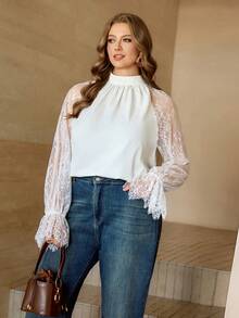 Roveilla 大码女式蕾丝袖双面半透明高领优雅衬衫，灯笼袖雪纺拼接上衣 - 白色 - 查看 4