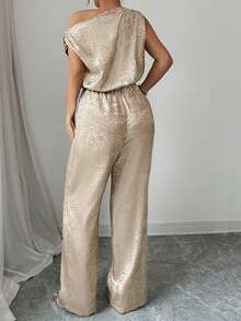 INAWLY Plus Size Elegant Asymmetric Neckline Batwing Jumpsuit - Gold - View 2