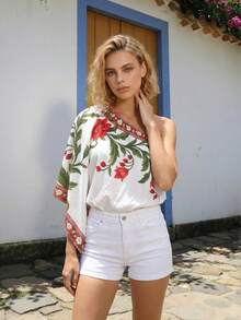 CAJUNI Women's Minimalist Printed Asymmetric Shoulder Bodysuit - Apricot - View 3