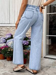 SHEIN 孕妇休闲宽松阔腿蓝色牛仔裤，适合感恩节、春夏、嘉年华、通勤、度假、毕业典礼等场合，时尚百变，可爱街头风，适合派对、婚礼、商务休闲等场合。高腰破洞牛仔裤，浅色水洗阔腿牛仔裤，蓝色做旧孕妇牛仔裤，高腰托腹牛仔裤，春假、复活节牛仔裤，简约休闲牛仔裤，可爱破洞牛仔裤，妇女节时尚妈妈复活节牛仔造型 - 藍色 - 查看 2