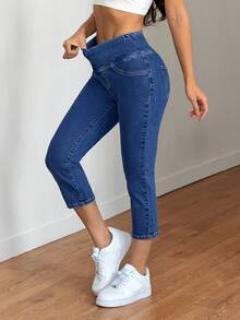 SHEIN Tall 2026 Summer Tall Women's Casual Summer Vacation Outfits For Women Solid Color Elastic Waist Cross-Waist Design With High-Stretch Fabric Slant Pocket Casual Cropped Denim Jeans - Dark Wash - View 7