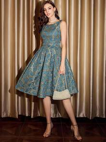 Vintamour 复古优雅女士花卉提花连衣裙 节日派对优雅连衣裙 长款派对连衣裙 女士秋季服装 女士冬季服装 圣诞节冬季连衣裙 女士秋季服装 女士万圣节服装 女士圣诞节服装 圣诞派对连衣裙 新年连衣裙 感恩节服装 女士优雅派对连衣裙 - 藍色 - 查看 4