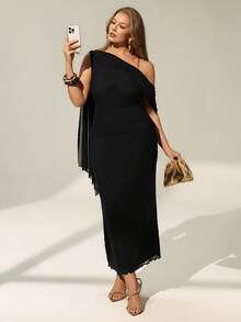 Auralis Plus Size Elegant Solid Color Asymmetric Neckline One Sleeve Black Formal Evening Dress For Women,Autumn Curve Wedding Party Summer Outfit,Formal - Black - View 5