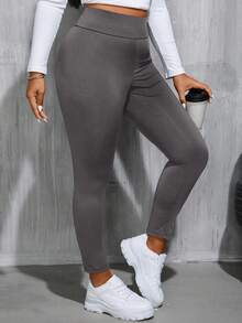 SHEIN Essnce Plus Size Women's Spring And Autumn Leisure Sports High Waist High Elastic Comfortable Black Slim Leggings,Women Bottom,Street Wear,Curve Pants,Basics Pants,Fall Outfits,Y2k Pants - Grey - View 3