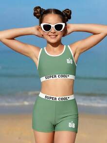 Tween Girls' Summer Beach Vacation Style Letter & Number Print Contrast Binding Tankini Swimsuit Set - Army Green - View 5
