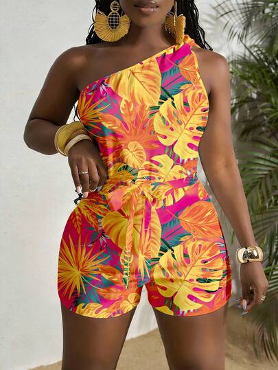 Slaydiva Spring/Summer New Music Festival Western Boho Easter Nashville Birthday Graduation Student Daily Casual Vacation Cruise Beach Sunbathing One Shoulder Twist Textured Fabric Cinched Women Jumpsuit