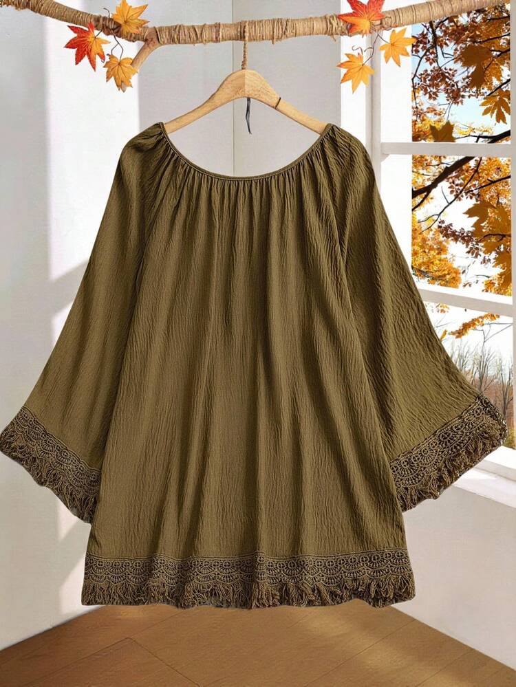 Plus Size Women's Army Green Vintage Country Style Vacation Raglan Sleeve Applique Cutout Tied Cuffs & Hem Fringe Trim Blouse, Suitable For Early Autumn