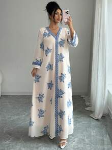 Al Najma Đầm maxi dài tay cổ chữ V dáng rộng bằng chiffon in hoa, kiểu dáng lãng mạn, thanh lịch dành cho nữ, thích hợp cho mùa xuân/hè. - màu đen - Xem 3